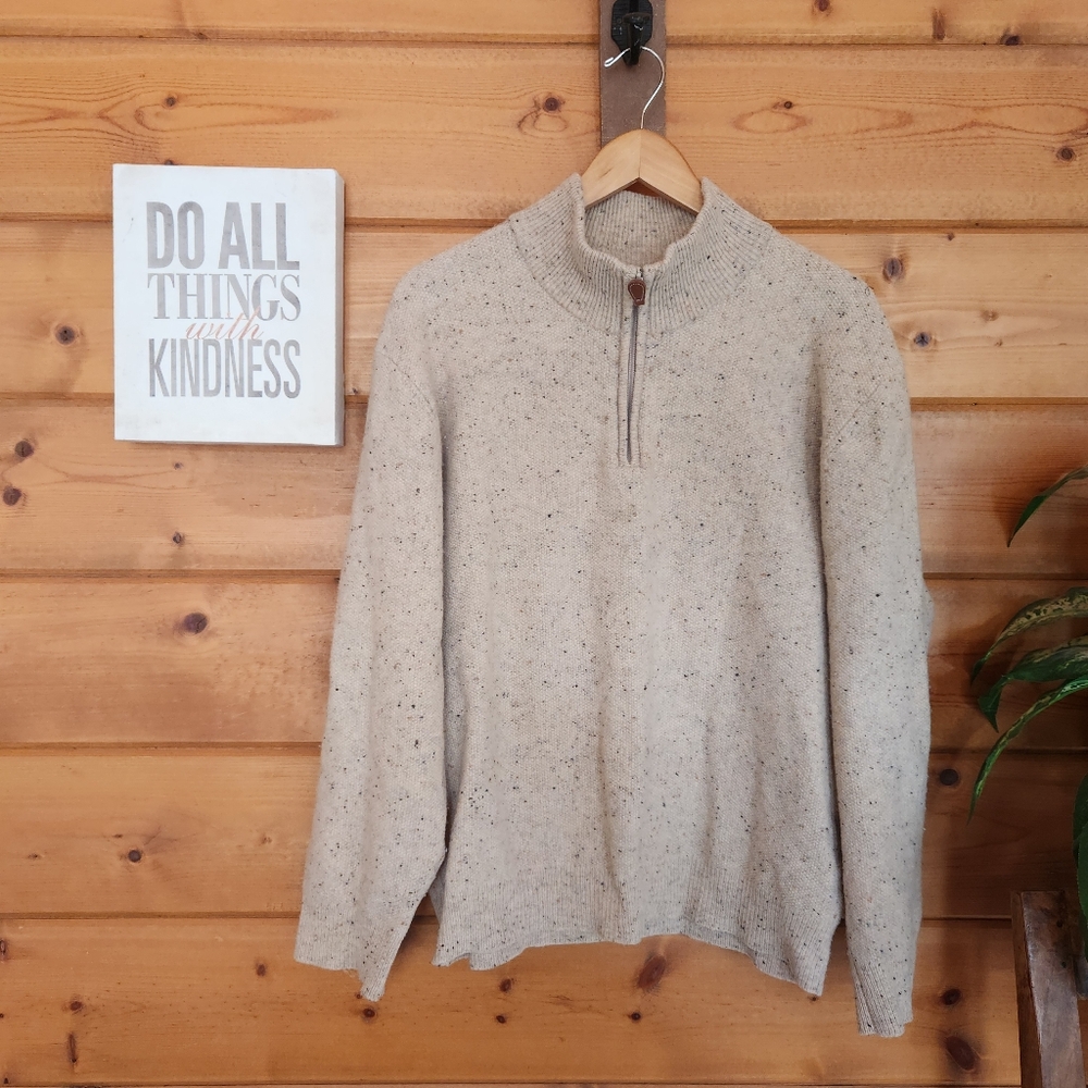Jos A Bank Lambswool Wool Sweater 1/4 Zip Beige Flecked Melange Pullover Size XL